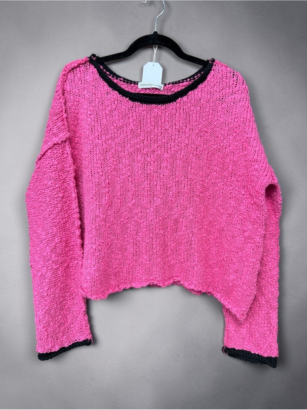 Pink Women’s Knit Sweater with Black Trim. Cropped